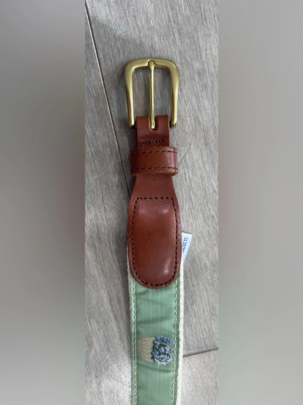 Preston Leather Belt Sz 32 Sage Green Embroidered Hydrangea Basket USA